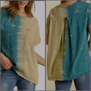 Umgee Splatter Dip Dye Short-slv Linen Cotton Top Boho Relaxed Fit Size S